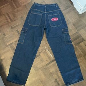 Patched Detail Flap Pocket Wide Leg Jeans